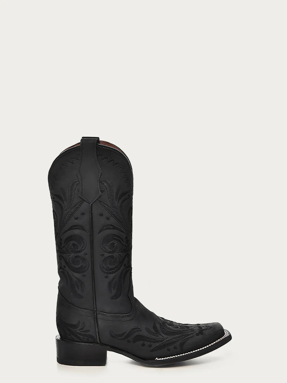 Side profile view of Corral Black Embroidered Square Toe Cowboy Boots
