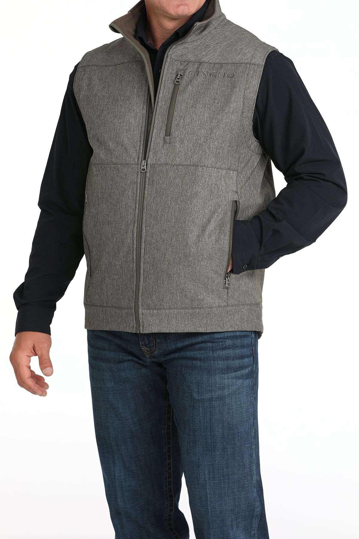 Front view of Cinch Concealed Bonded Vest in olive and gray