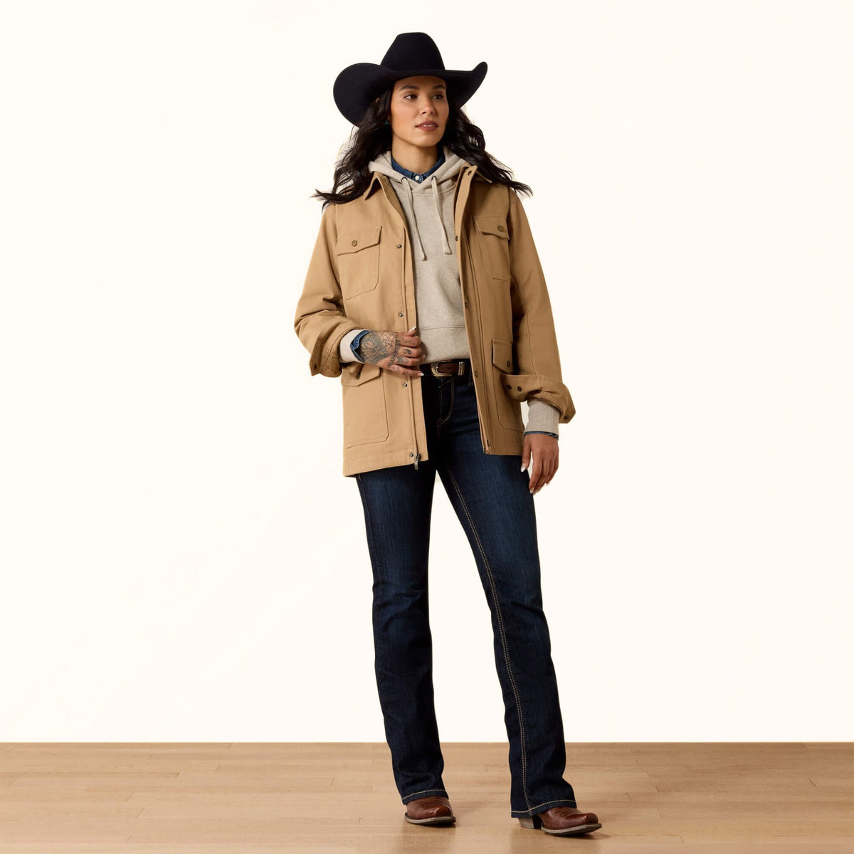 Ariat Western Canvas Chore Jacket in tan front full view