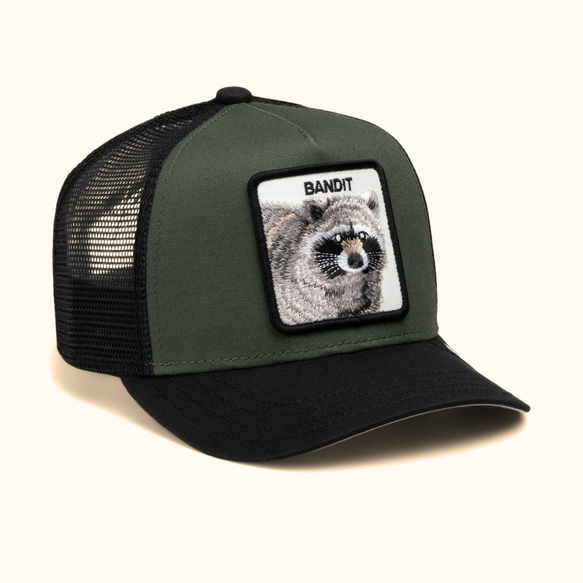 Goorin Bandit olive and black trucker hat front angle view