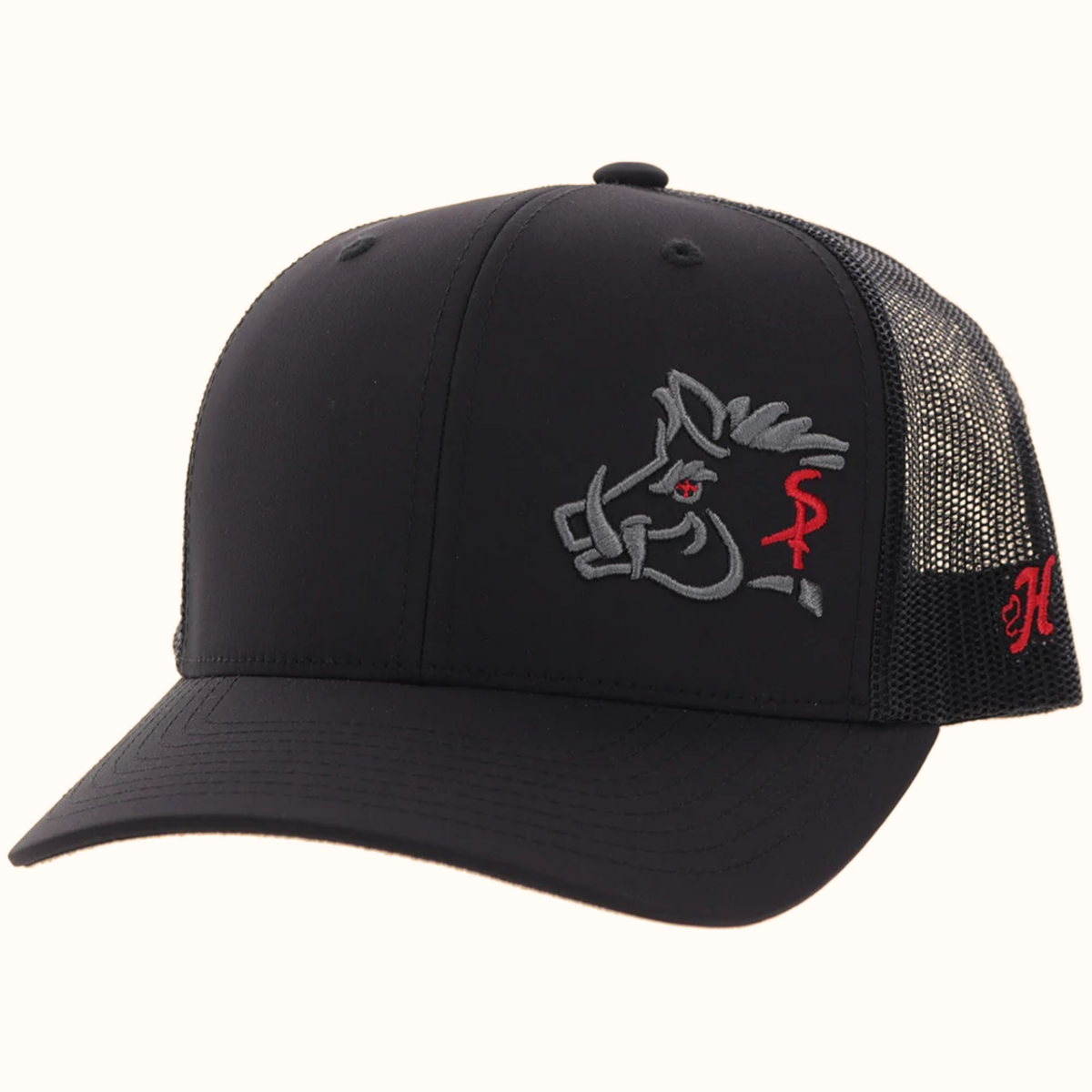 Hooey Sniper Pig black snapback hat front angle view with grey and red logo
