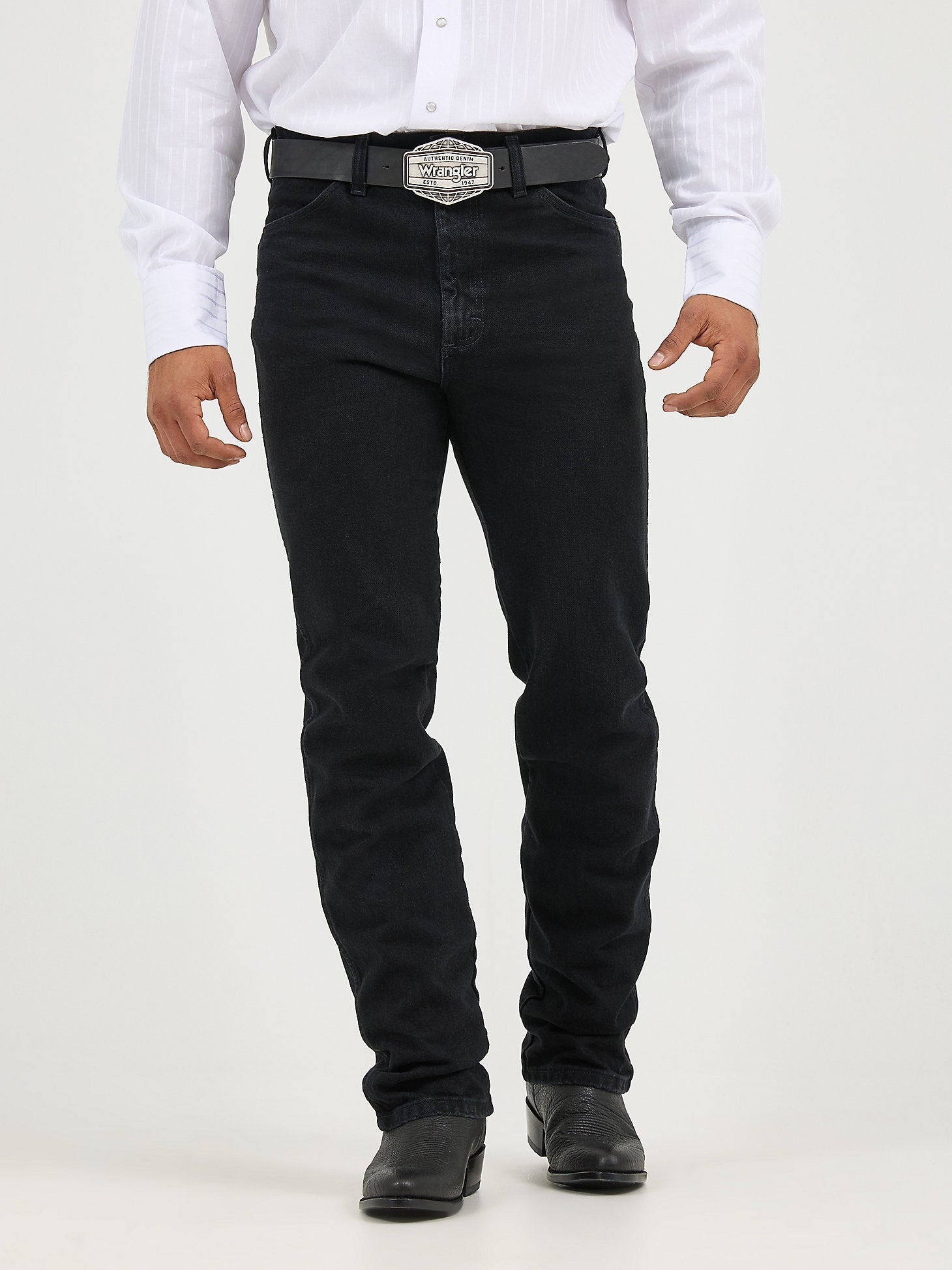Front view of Wrangler Cowboy Cut Silver Edition Slim Fit Jeans in black