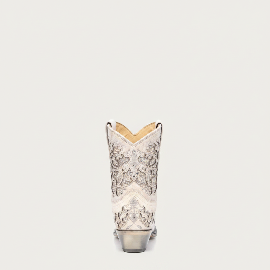 Rear profile of Corral white wedding cowboy bootie with crystal detailing