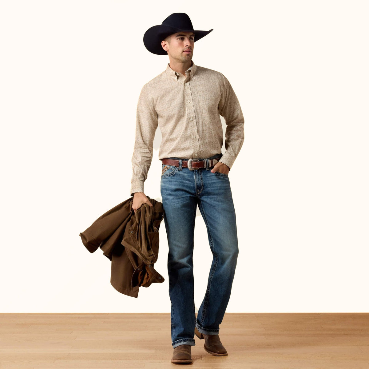 Ariat Wrinkle Free Bartlett Classic Fit Shirt in tan front full view