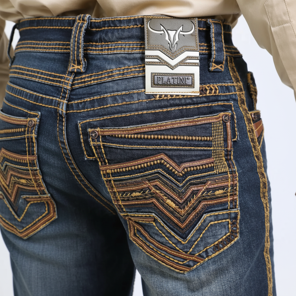 Close-up rear pocket detail of Platini Holt Men’s Dark Stone Slim Boot Cut Jeans