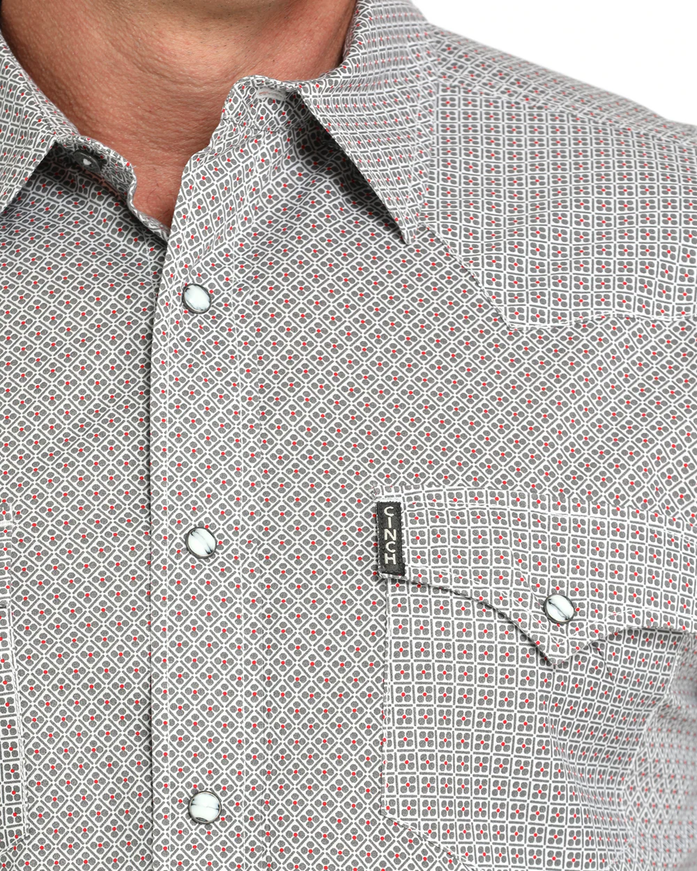 Close-up view of Cinch Modern Fit Snap Front Western Shirt chest pocket and snap details