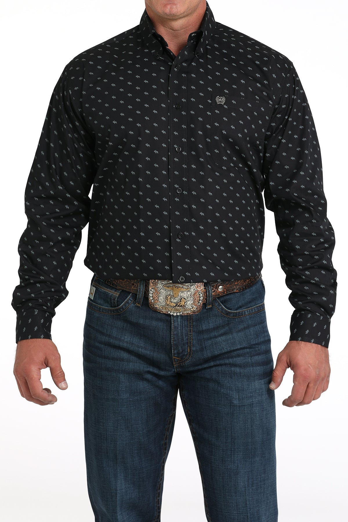 Front view of Cinch Black Print Button Down Shirt