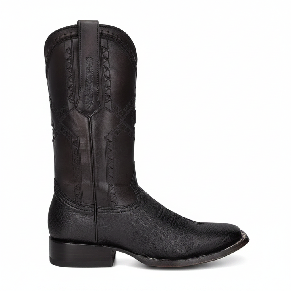 Cuadra Black Ostrich Laser & Woven Square Toe Boot side profile