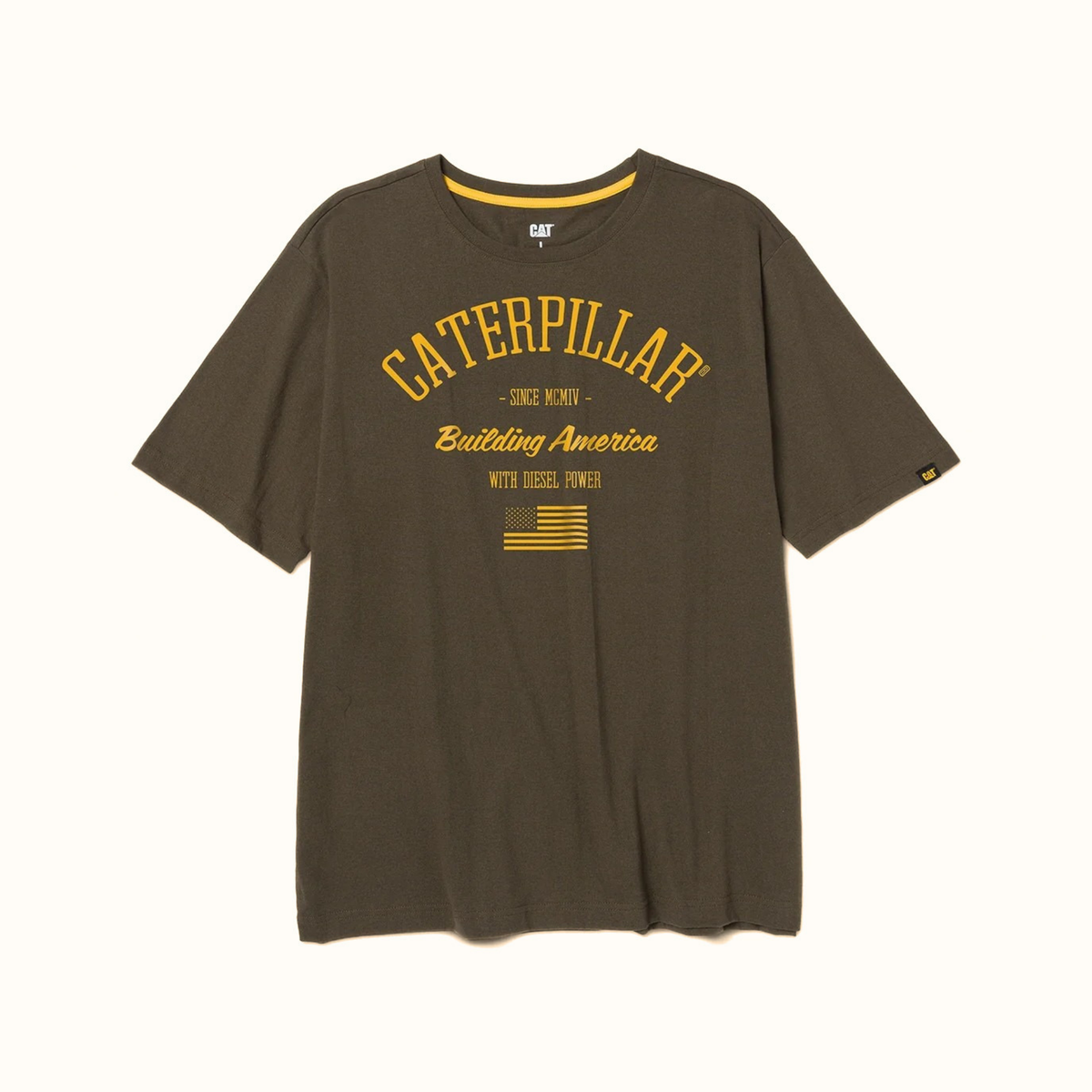 CAT Building America men’s graphic T-shirt front view with Caterpillar logo