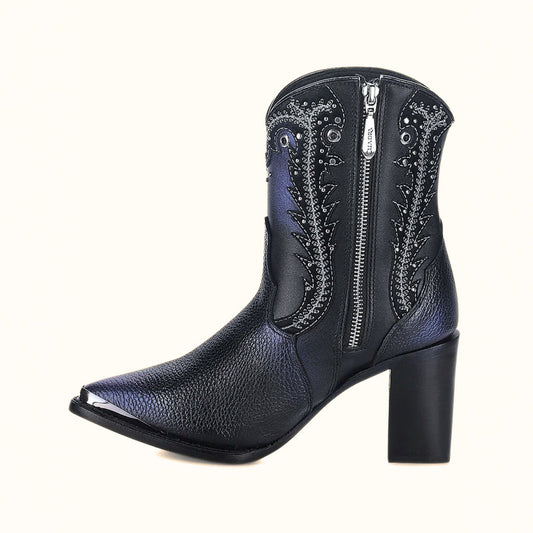 Cuadra Black Leather Western Ankle Booties for Women side view