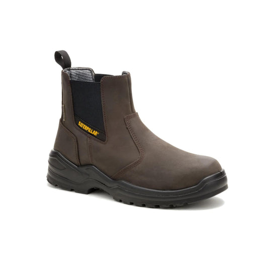 CAT Striver Chelsea Waterproof Steel Toe Work Boot angled side view in brown leather