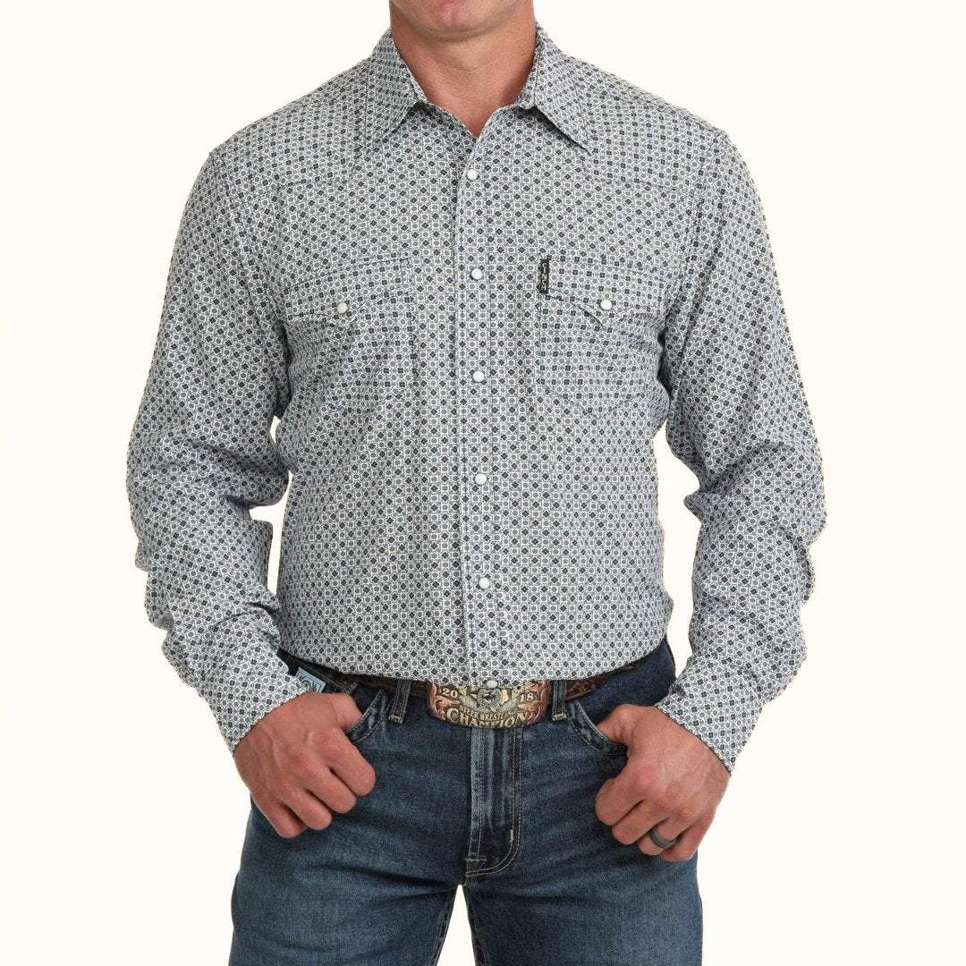 Cinch Men’s ArenaFlex grey print long sleeve button-down shirt front view