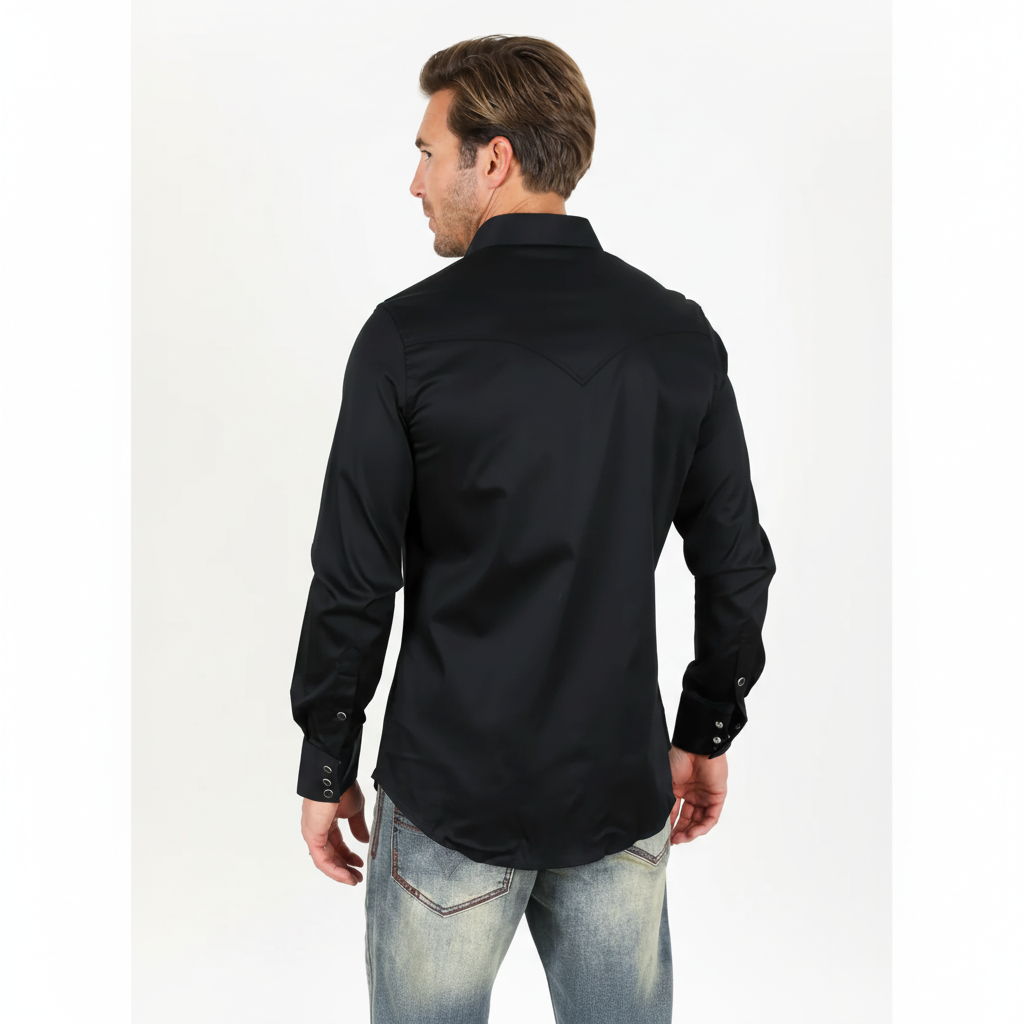 Back  view of Platini Men’s Modern Fit Solid Black Dress Shirt
