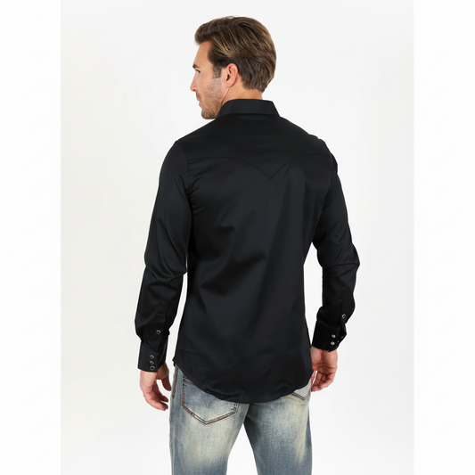 Back  view of Platini Men’s Modern Fit Solid Black Dress Shirt