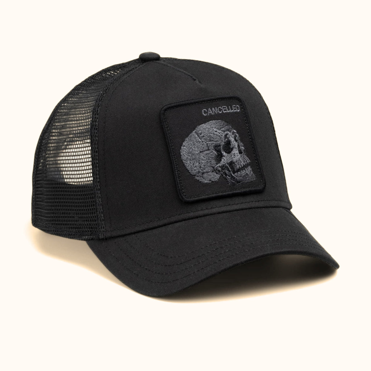 Goorin Bros. Tonal Skull black trucker hat angle view