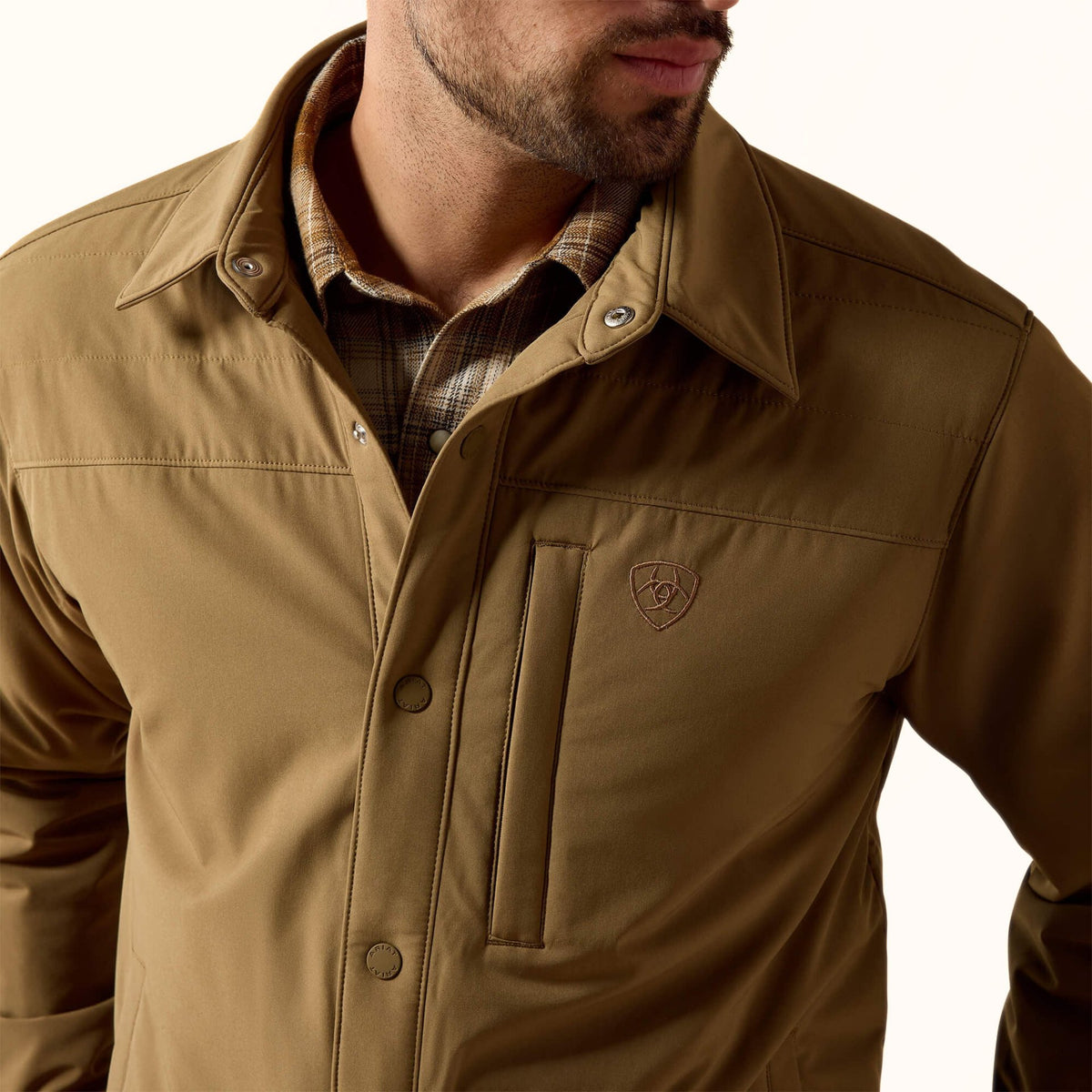 Ariat StretchShell Shirt Jacket in brown front close-up view