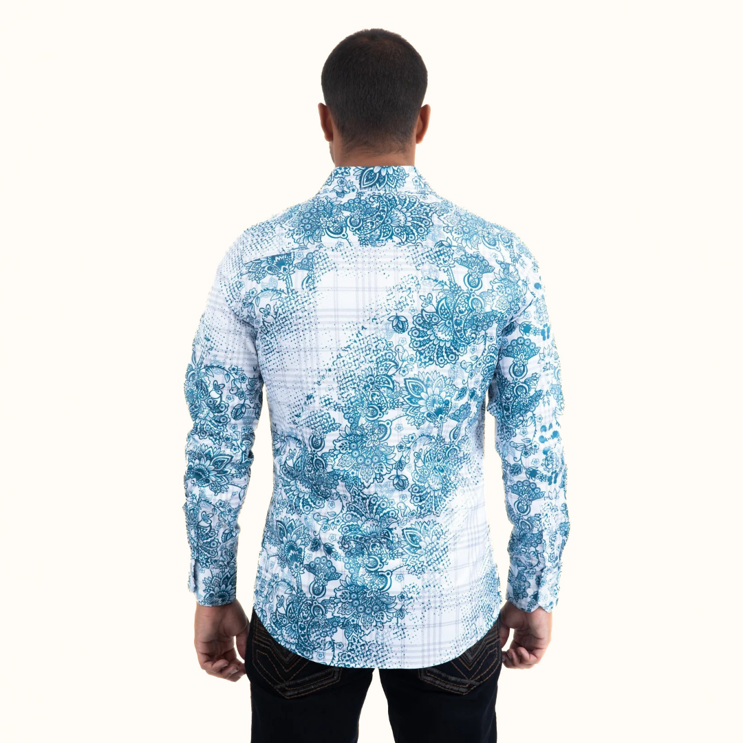 Platini Depth Geometric Foil Shirt in white and blue back view
