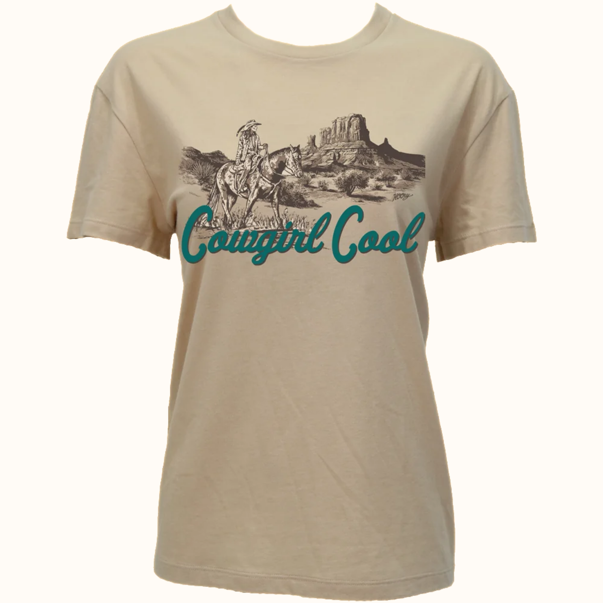 Hooey Women’s Cowgirl Cool tan T-shirt with turquoise lettering and Western horse graphic