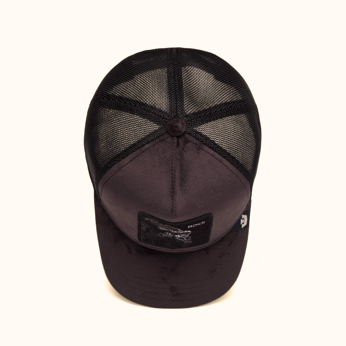 Goorin Bros. Velour Boss black trucker hat top view