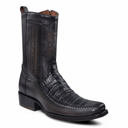 Front angled view of Cuadra Plunge Black Caiman Laser & Woven Narrow Square Toe Boot