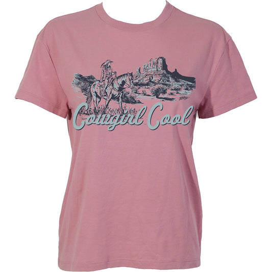 Hooey Cowgirl Cool Pink T-Shirt front view in pink with black and blue graphic logo
