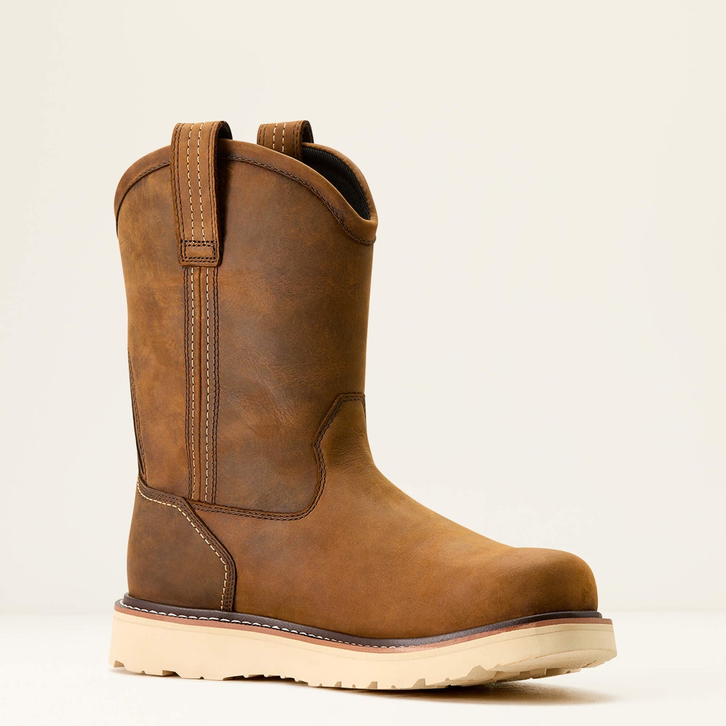 Ariat Rebar Wedge Pull-On Waterproof Work Boot angled side view in brown leather