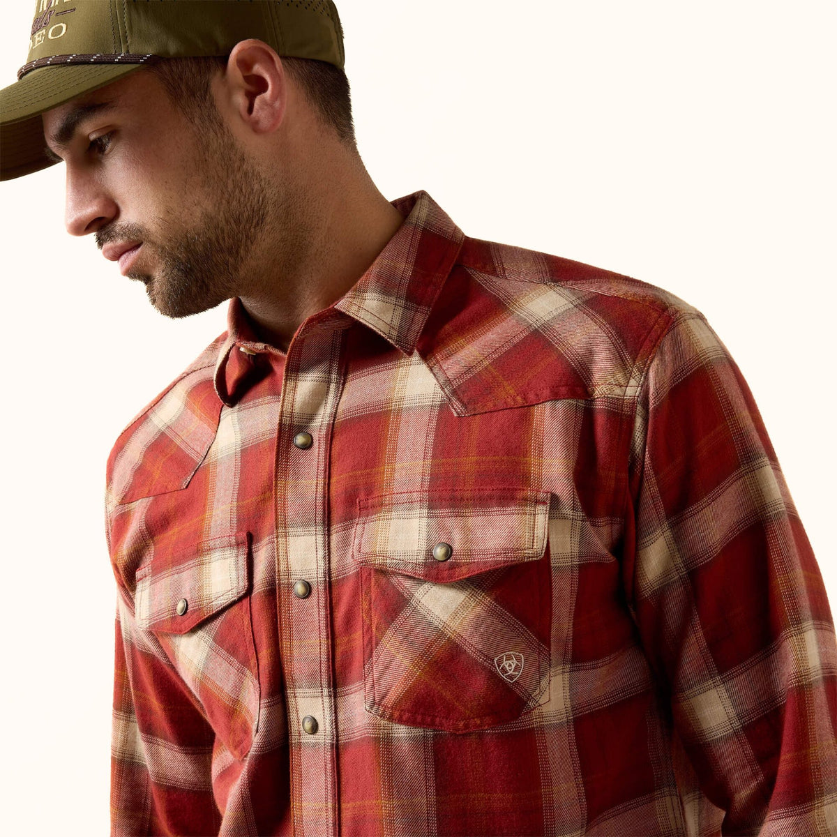 Ariat Retro Hatford Fitted Snap Shirt in red plaid front close-up view