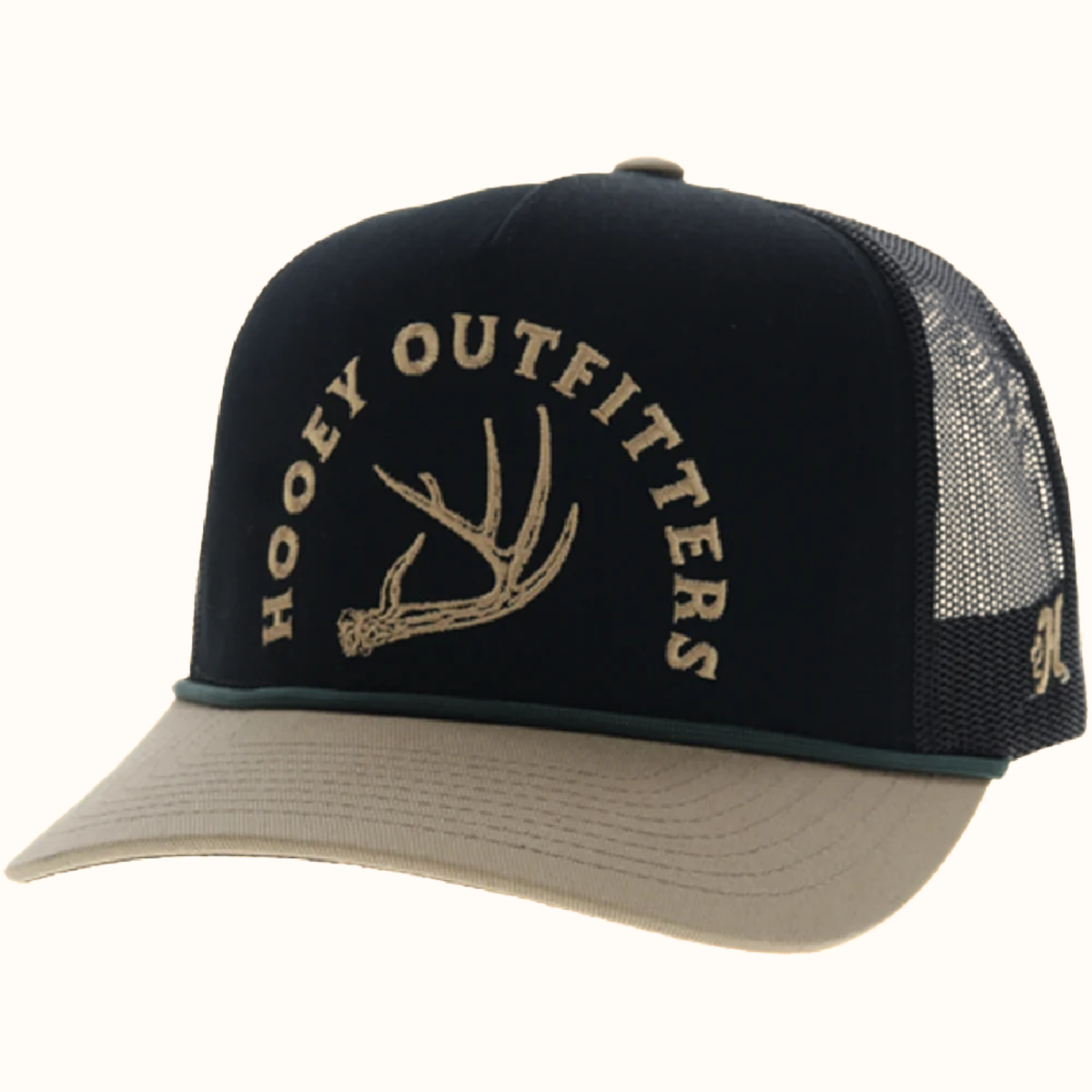 Hooey Shed black and tan 5-panel trucker hat front angle view