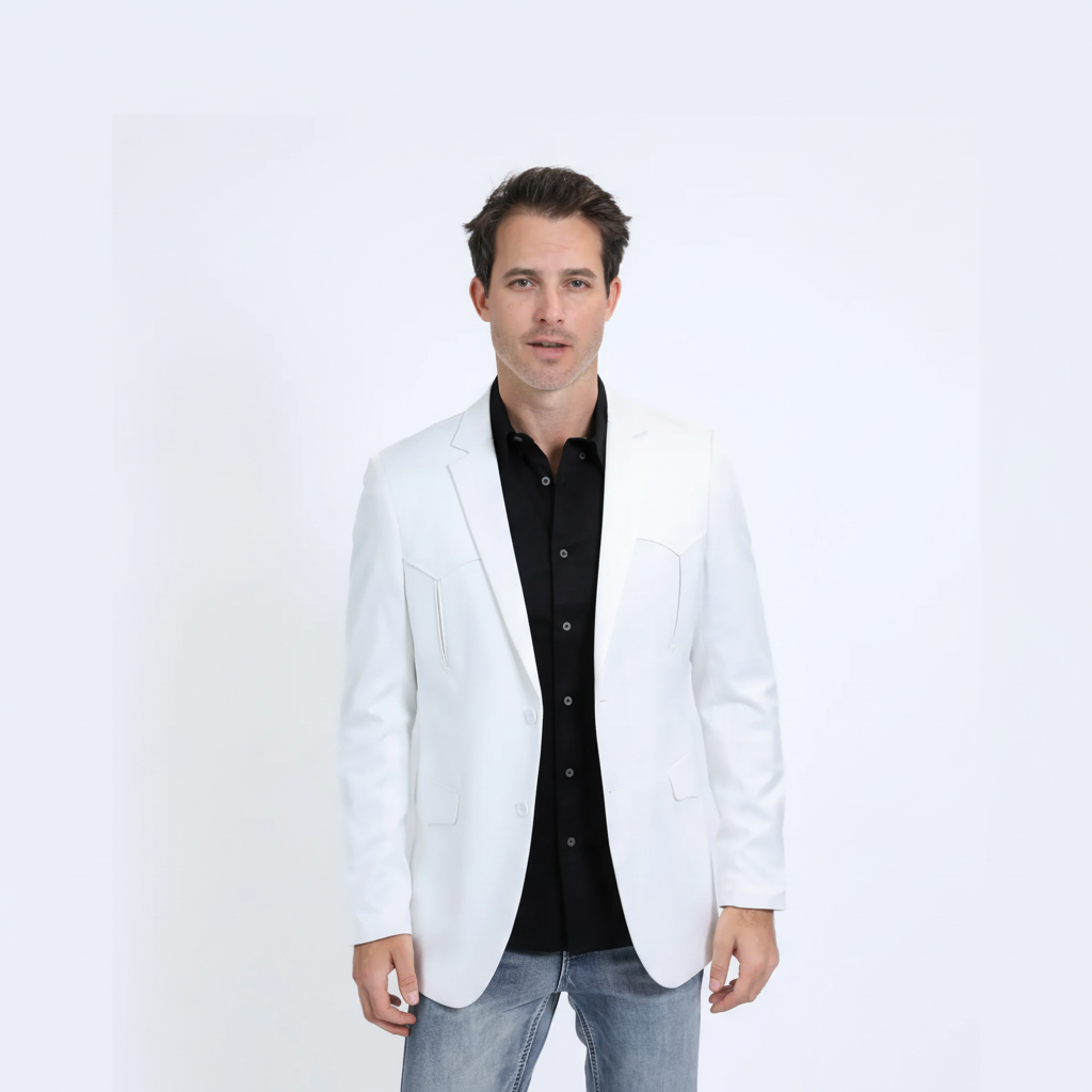 Front view of Platini Men’s Double Button Western White Blazer