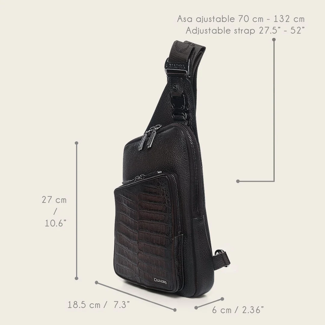 Cuadra Men’s Chocolate Caiman Zipper Bag front angled view with adjustable strap and dimensions