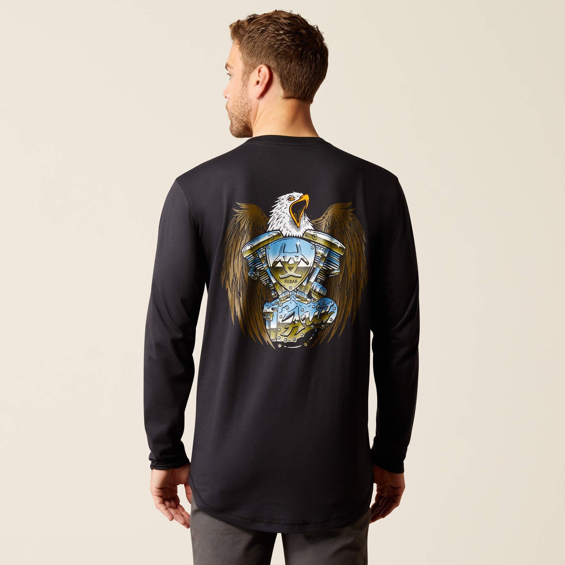 Ariat Rebar Workman Chrome Moto Eagle T-Shirt back view on model in black with large graphic