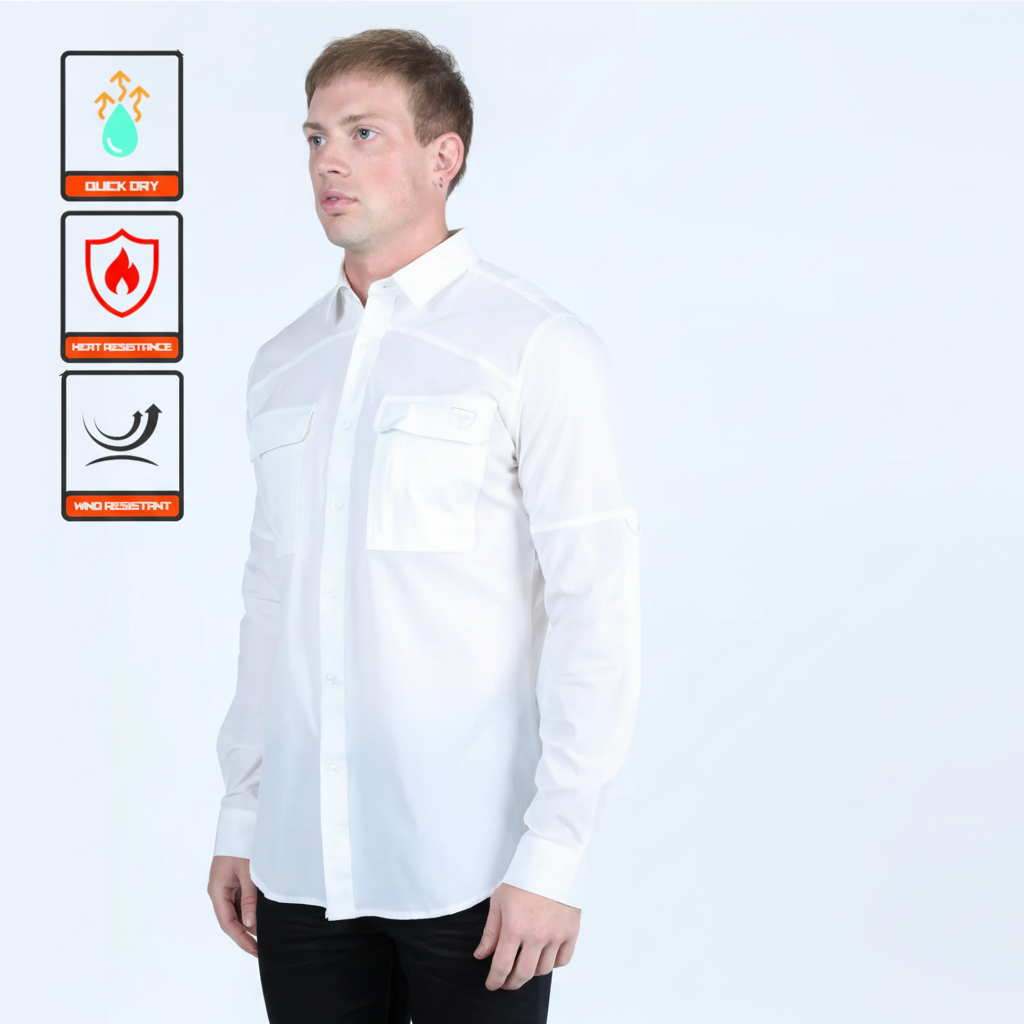 Platini Men’s Fishing White Long Sleeve Shirt front angle view