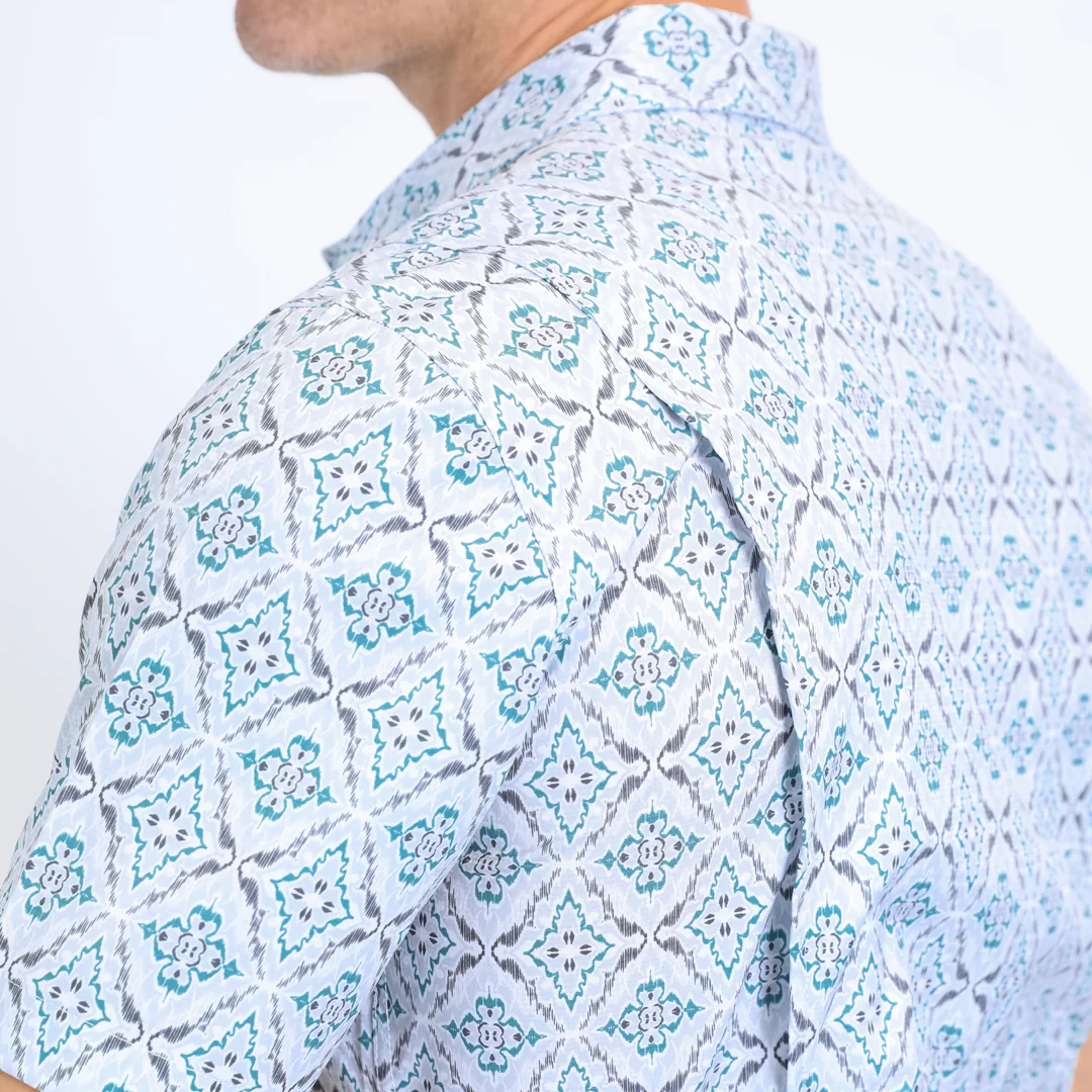 Close-up view of Platini Men’s Performance Western Short Sleeve Aztec Print Shirt fabric detail