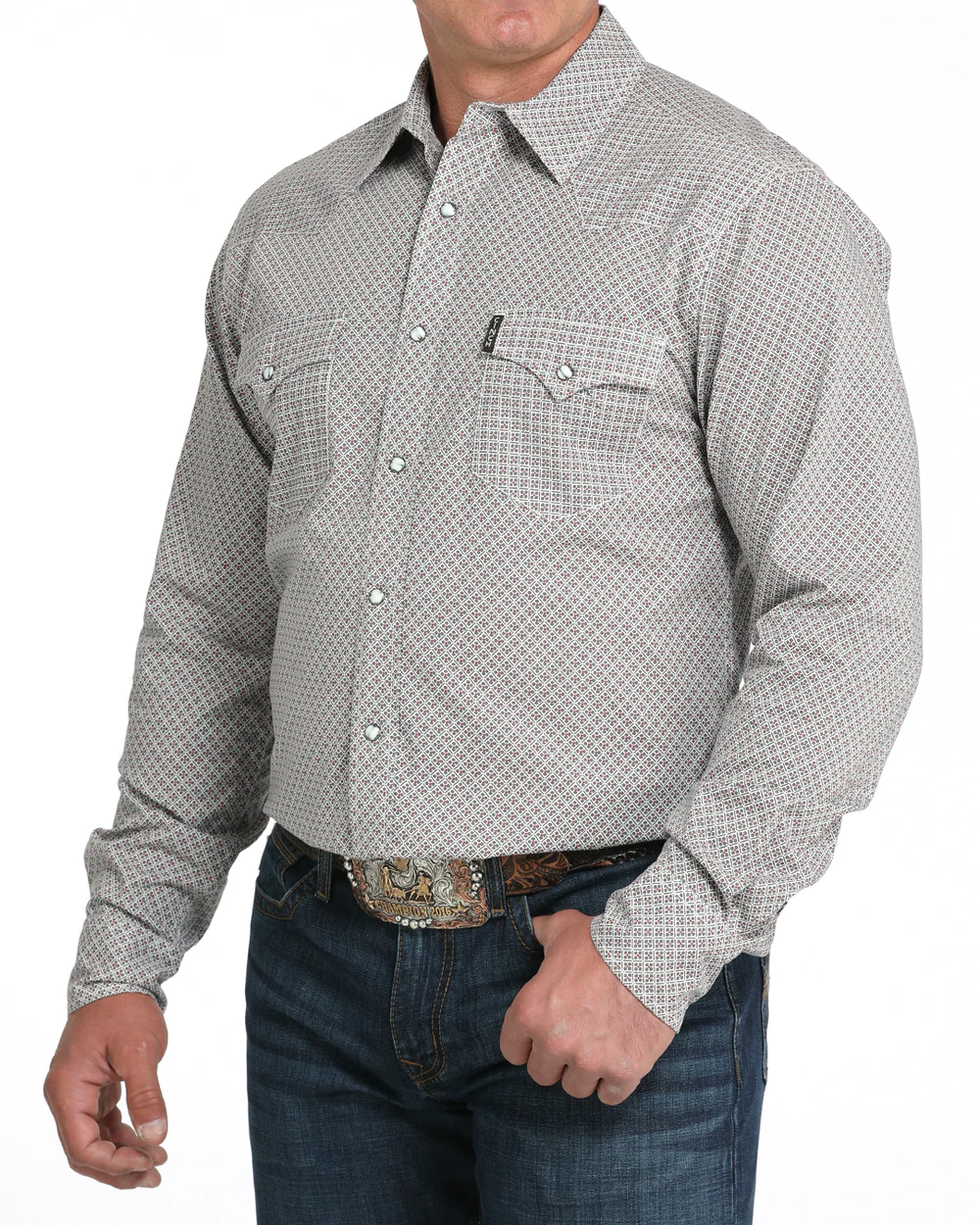 Angled front view of Cinch Modern Fit Snap Front Western Shirt on model