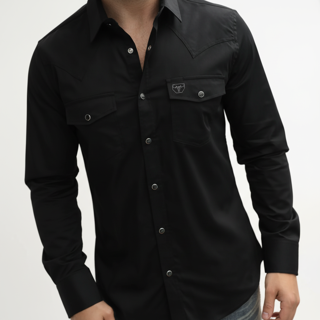 Detailed front view of Platini Men’s Modern Fit Solid Black Dress Shirt