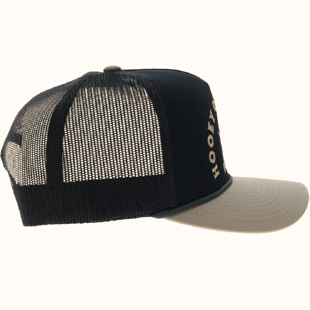 Hooey Shed black and tan 5-panel trucker hat side view