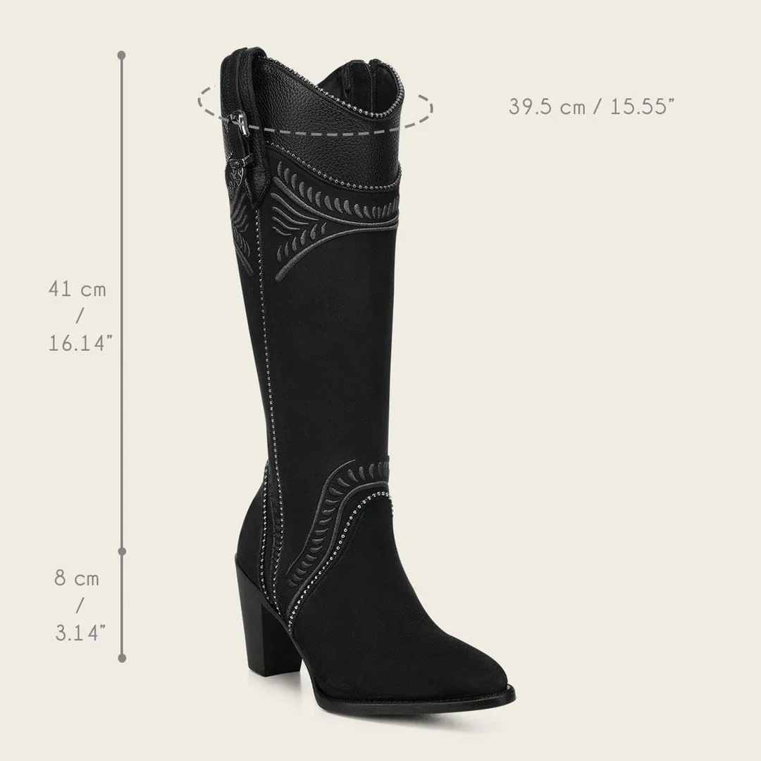 Angle view of Cuadra Black Embroider Zipper Round Toe Boot showing dimensions