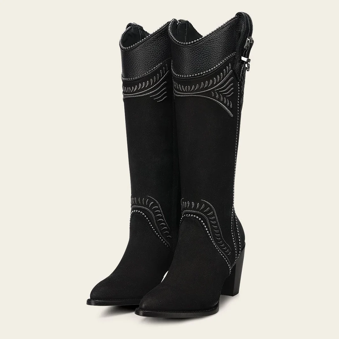 Angled view of Cuadra Black Embroider Zipper Round Toe Boots for women