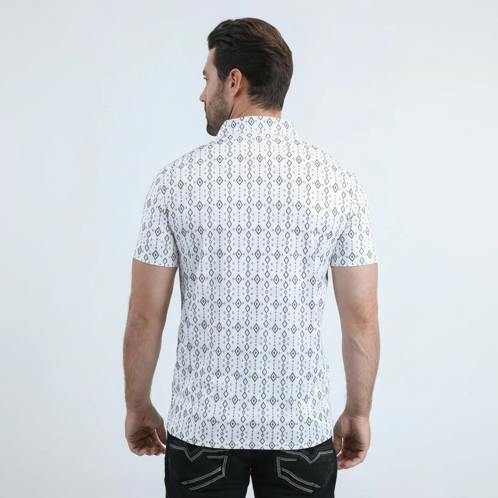 Platini Men’s Performance Fabric Modern Fit Stretch Aztec Print White Polo back view