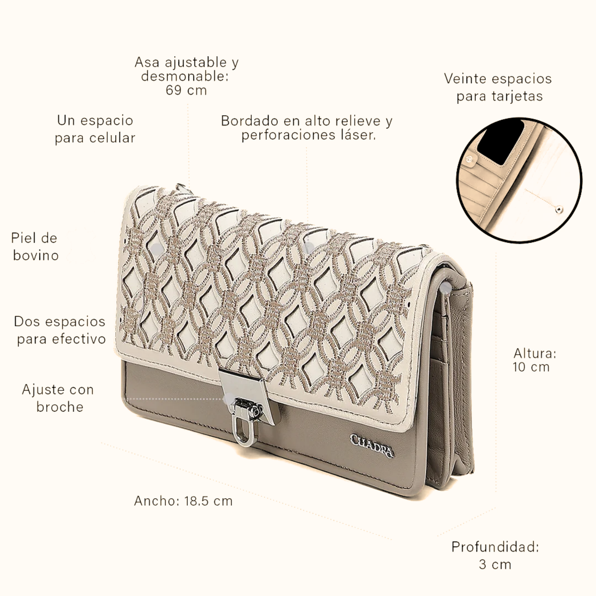 Cuadra women’s taupe embroidered leather wallet angled view with dimensions