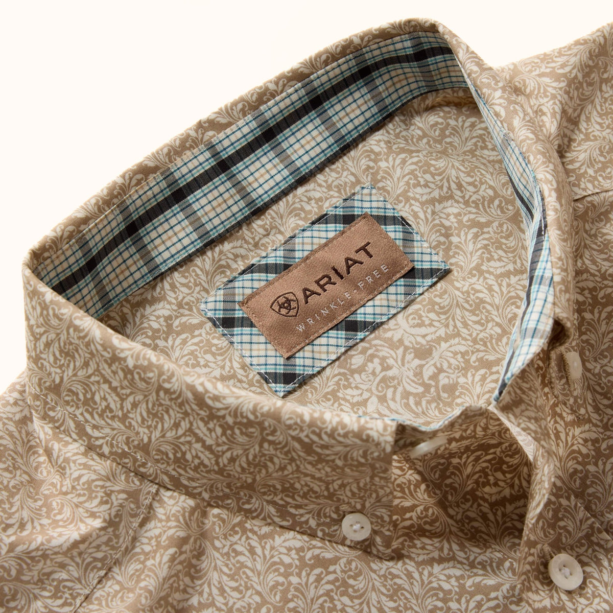 Ariat Wrinkle Free Bartlett Classic Fit Shirt in tan front collar view