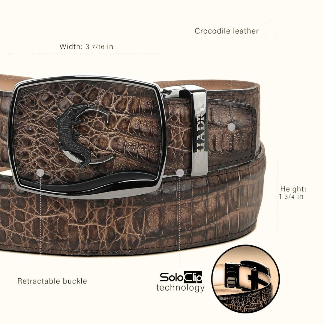 Cuadra men’s brown genuine fuscus crocodile leather Western belt front view with dimensions