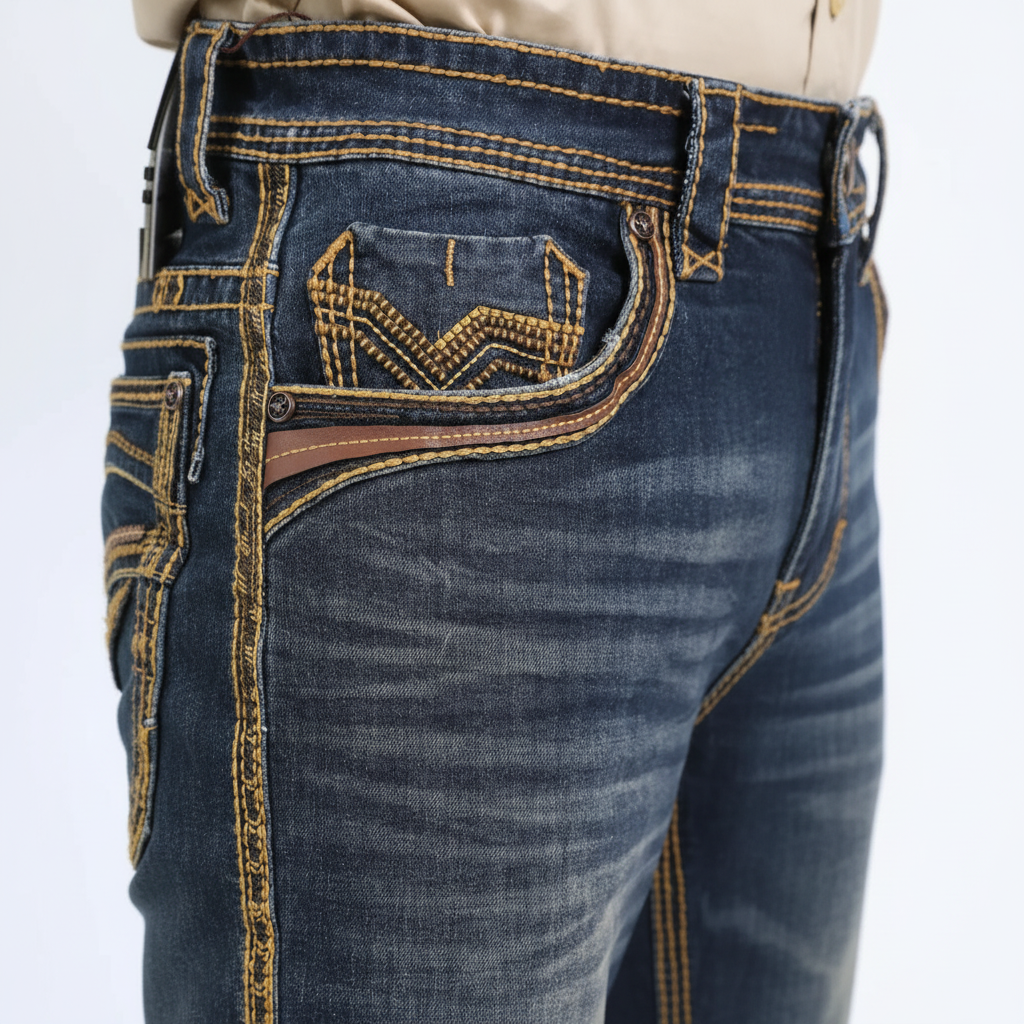 Close-up back pocket stitching on Platini Holt Men’s Dark Stone Slim Boot Cut Jeans