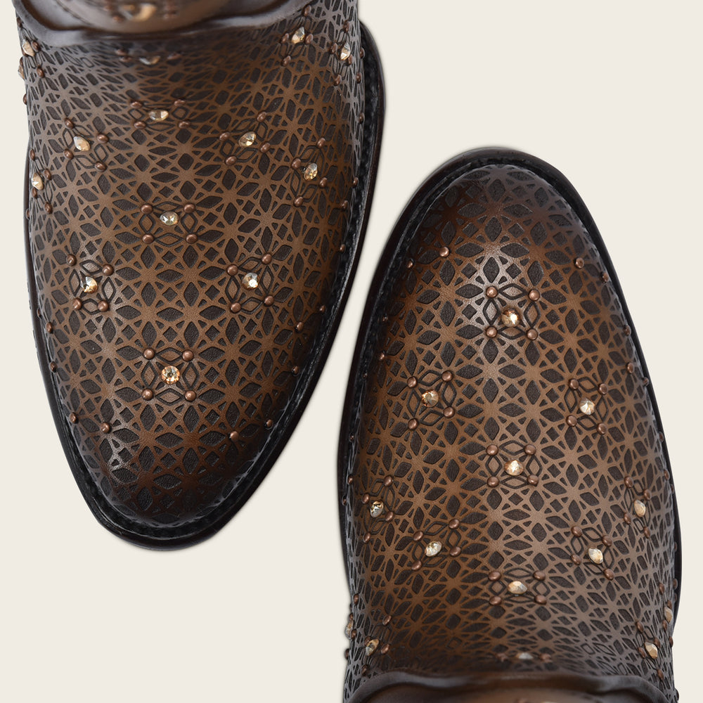 Close-up of pointed toe on Cuadra Honey Perforated Crystal Ankle Bootie