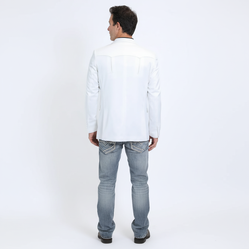 Rear view of Platini Men’s Double Button Western White Blazer