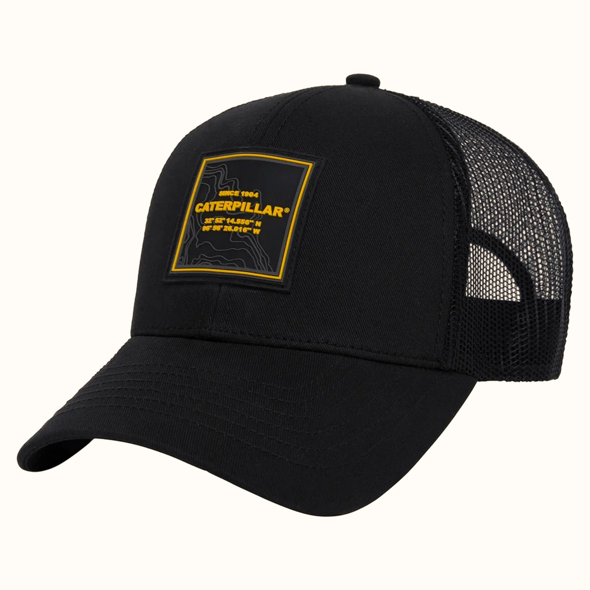 CAT Topo black trucker cap with 3-D topo logo patch front view