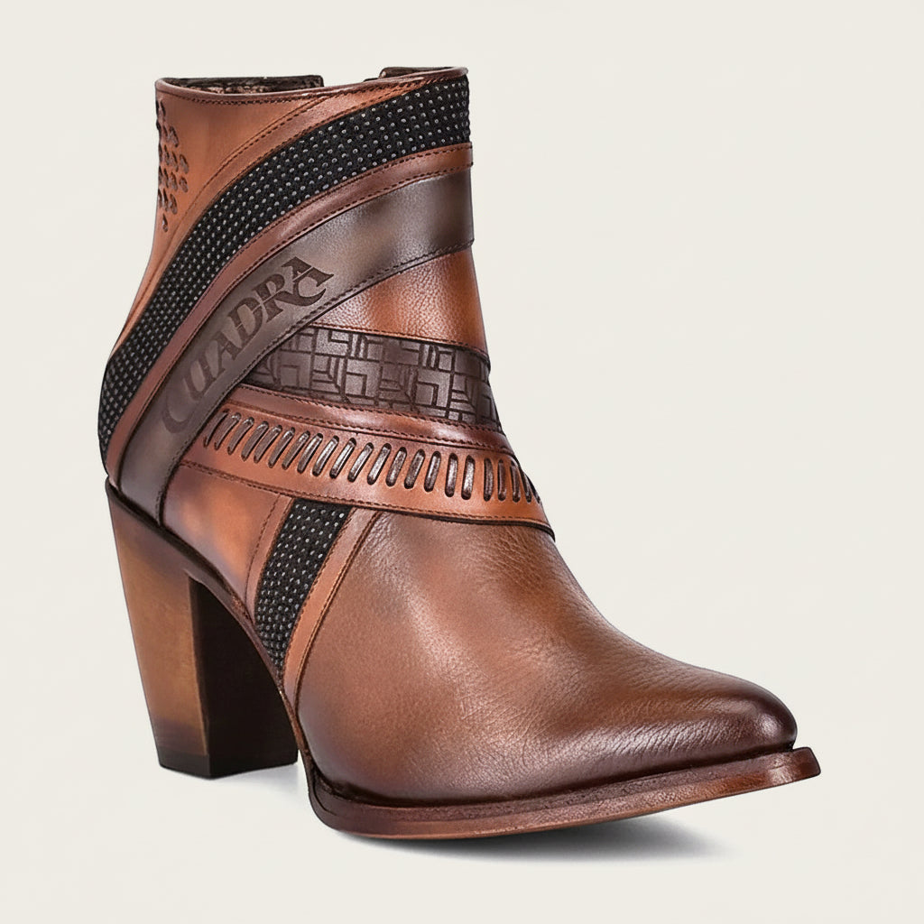 Hand-Painted Brown Leather Ankle Bootie