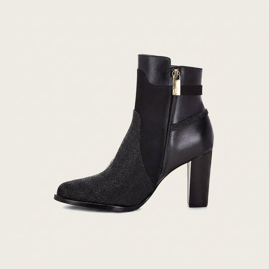 Cuadra Black Stingray Ankle Bootie side view in black leather with buckle detail
