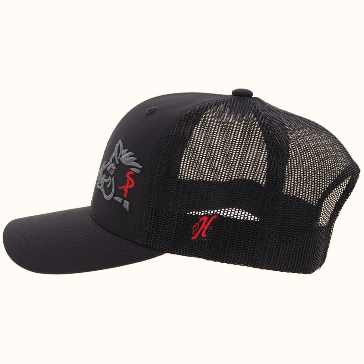 Hooey Sniper Pig black snapback hat side view with grey and red logo