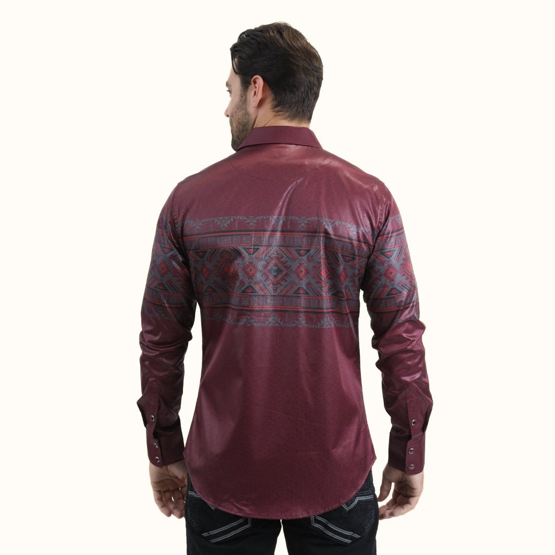 Platini Geometric Western Band Shirt in burgundy back view